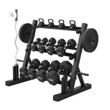 Dumbbell and Kettlebell Rack — 1100lb Capacity, Angled Tiers, Commercial Steel