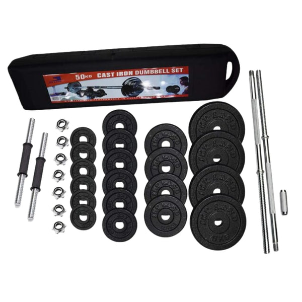 50kg Barbell & Dumbbell Set - Cast Iron Plates, Spinlock Bars & Briefcase