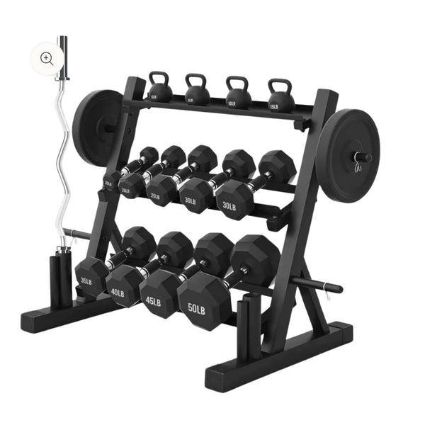 Dumbbell and Kettlebell Rack — 1100lb Capacity, Angled Tiers, Commercial Steel